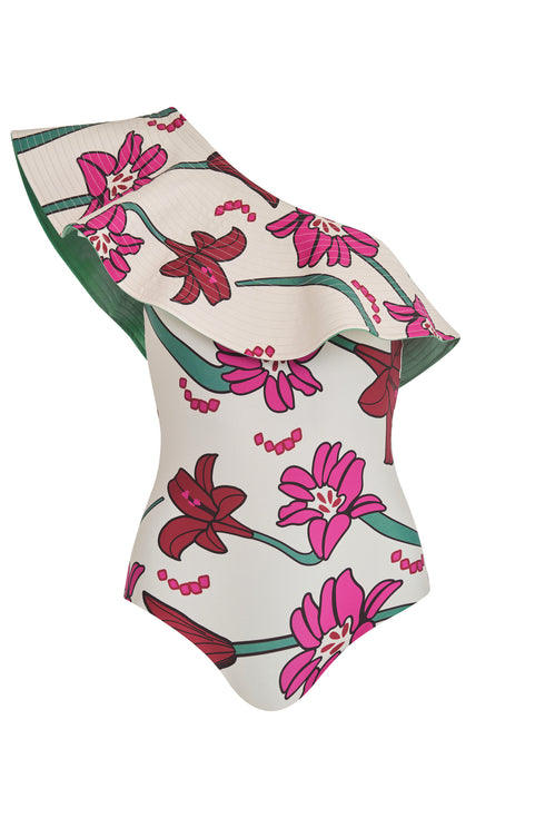 Tucan One Piece / Beige Fuchsia Flowers-Mint
